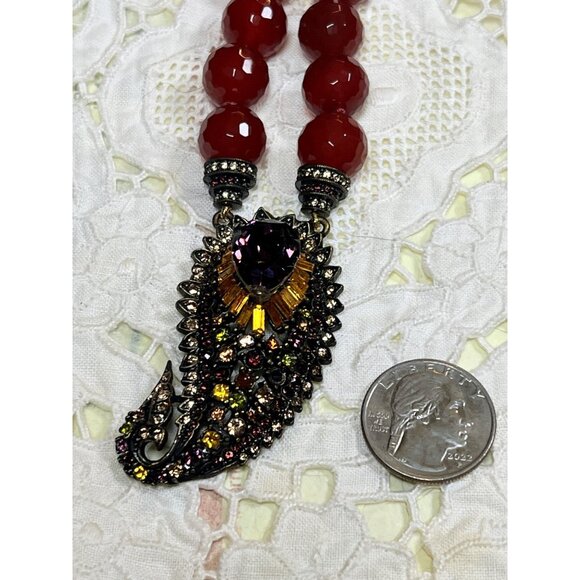 Heidi Daus Faceted Red Beaded Necklace With Ornate Rhinestone Pendant & Adjustab - Picture 4 of 8